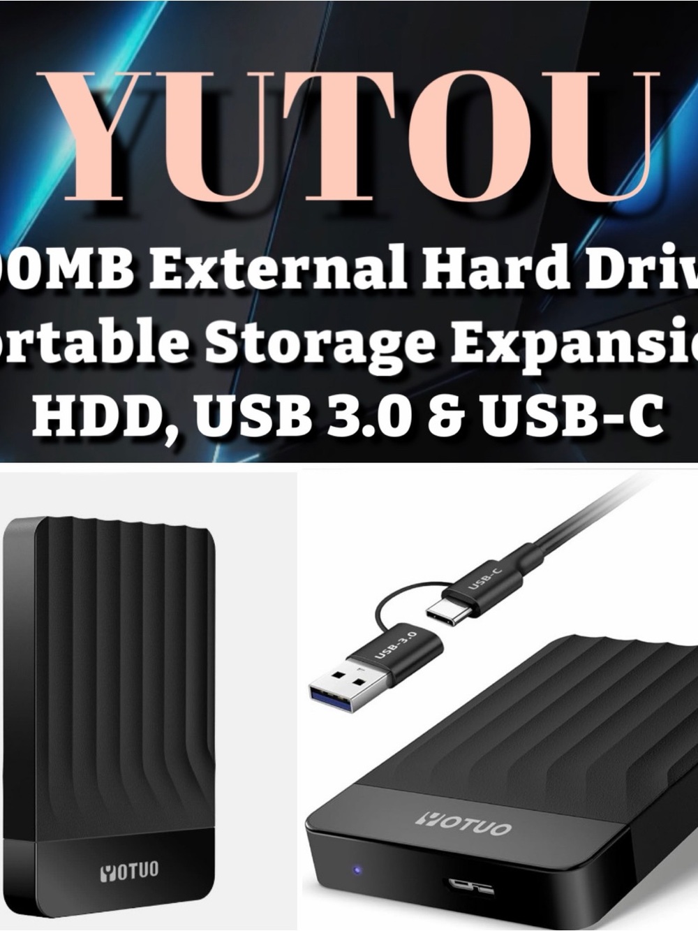 YOTUO - 500MB External Hard Drive: Portable Expansion HDD, USB 3.0 & USB-C